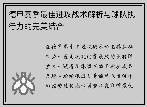 德甲赛季最佳进攻战术解析与球队执行力的完美结合